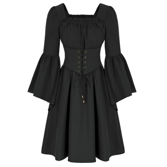 Women Medieval Vintage Dresses Bell Sleeve Renaissance 1800S Corset Midi Dress Gothic Fairy Wedding Irish Costume