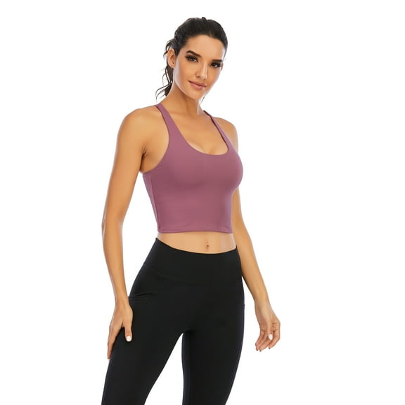 Women Medium High Impact Sports Bra Criss Cross Back Padded Bra Workout Fitness Sports Yoga Bras, Rose Purple, XS
