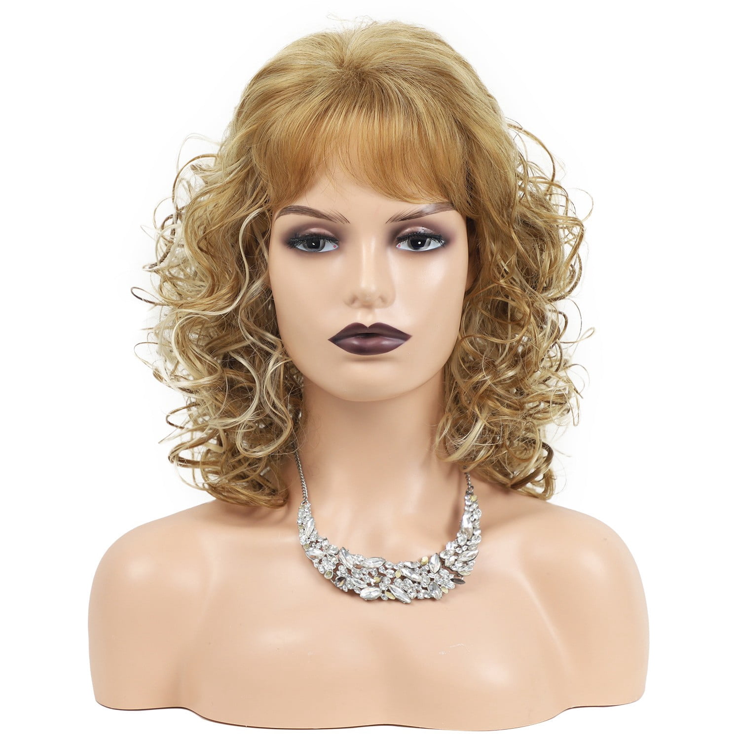 Women Medium Long Curly Blonde Wig Natural Volume Heat Resistant Synthetic Hair