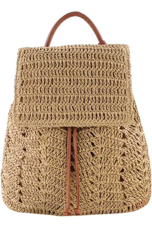 Women Medium Straw Handmade Woven Backpack Flap Drawstring Shoulders Bag Beach Daypack