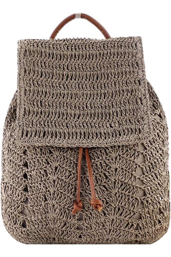 Women Medium Straw Handmade Woven Backpack Flap Drawstring Shoulders Bag Beach Daypack