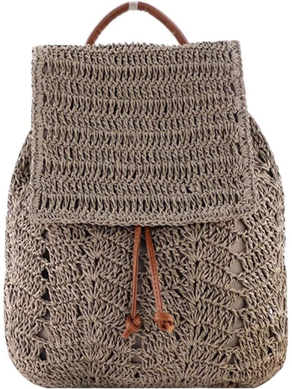 Women Medium Straw Handmade Woven Backpack Flap Drawstring Shoulders Bag Beach Daypack