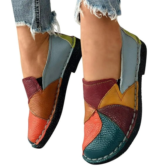 Women Memory Foam Slip On Sneakers Multicolor PU Leather Fashion Loafers Slip On Work Shoes