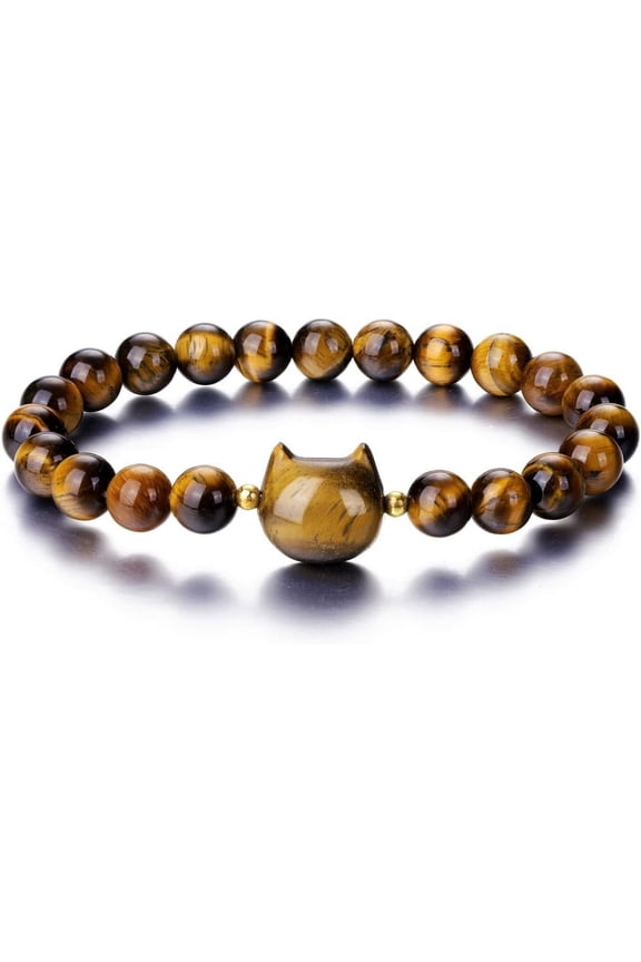 Women Men 8mm Natural Stone Beads Crystal Cat Bracelet, Crystal Stretch Bracelet Gifts for Good Luck,Money Attraction