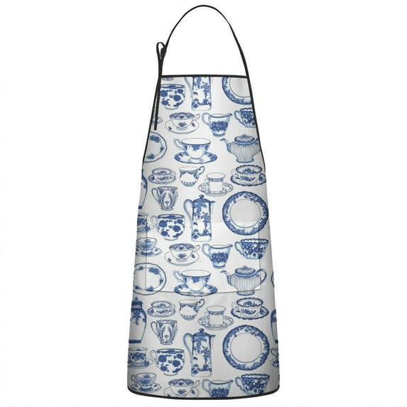 Women Men Adjustable Bib Apron with Pockets Blue and White Porcelain Cooking Kitchen Aprons
