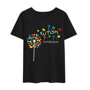 NOOZUO Women Men Autism Awareness Shirts Dandelion T-Shirt Graphics Casual Shirt Short Sleeve Summer Tee Tops Gift Black X-Large