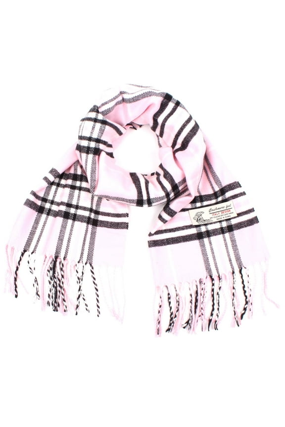 Women Men Baby Pink Plaid Scarves Classic Warm Soft with Fringes for Winter