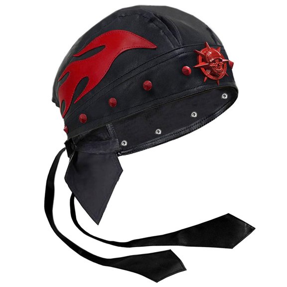 Women/Men Biker Motorcycle Wrap Red Skull Rivet Cap Do Du Rag Leather Doo Rag Flame Cap