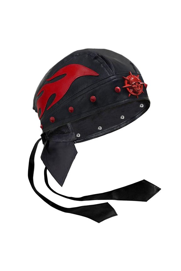 Women/Men Biker Motorcycle Wrap Red Skull Rivet Cap Do Du Rag Leather Doo Rag Flame Cap