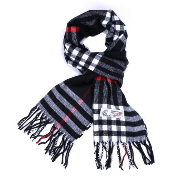 Women Men Black Check Plaid Scarves Warm Soft Scarf with Fringes