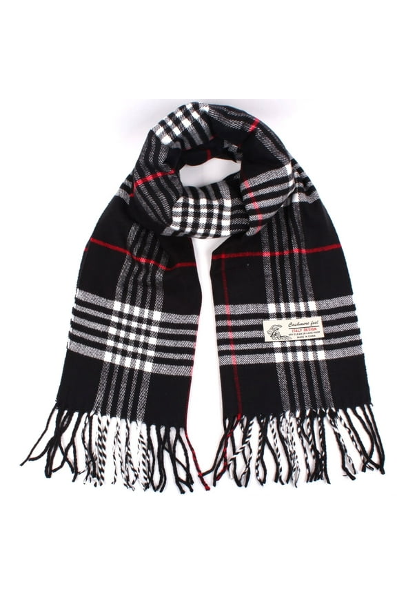 Women Men Black Plaid Scarves Classic Warm Soft with Fringes for Winter