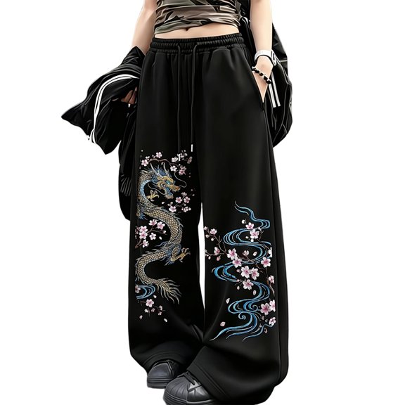 Women Men Casual Wide Leg Sweatpants Floral Dragon Graphic Print Trousers Classic Y2K Everyday Relaxed Loungewear Bottoms