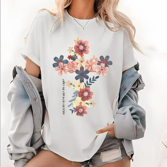 Women & Men Christian Scripture Print T Shirts "Walk by Faith" 2 Corinthians 5:7 Floral Cross Graphic Tees Cotton Worship Pattern Tops,S-5XL