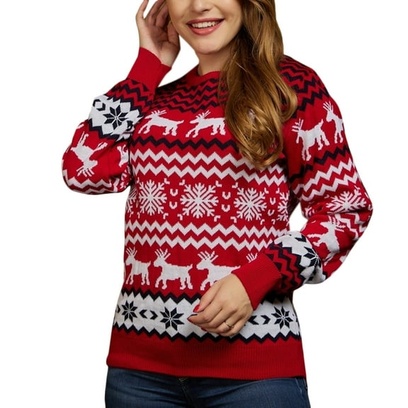 Women Men Christmas Reindeer Snowflake Knitted Holiday Sweater Crewneck Long Sleeve Knitwear Casual Pullover Jumpers Top