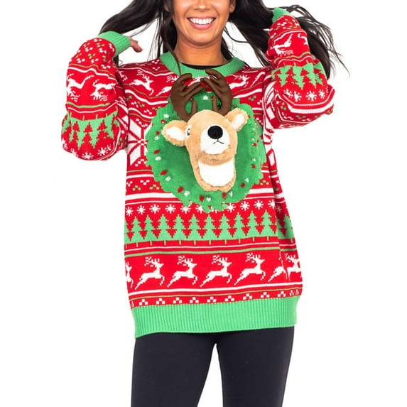 Women Men Christmas Sweater, Cute 3D Dinosaur/Elk/Shark Long Sleeve Knit Pullover