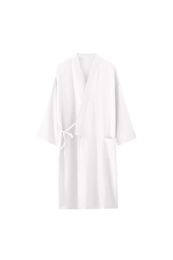 Women Men Cotton Robe for Couples Lightweight Kimono Bathrobe Summer Spring Long Sleeve Tie Side Soft Robes with Pocket for Boyfriend Husband, White, L