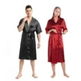 thumbnail image 1 of Women Men Couple Satin Silk Robes Kimono Satin Bathrobe Long V Neck Sleepwear with 3/4 Sleeve, 1 of 1
