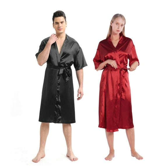 Women Men Couple Satin Silk Robes Kimono Satin Bathrobe Long V Neck Sleepwear with 3/4 Sleeve