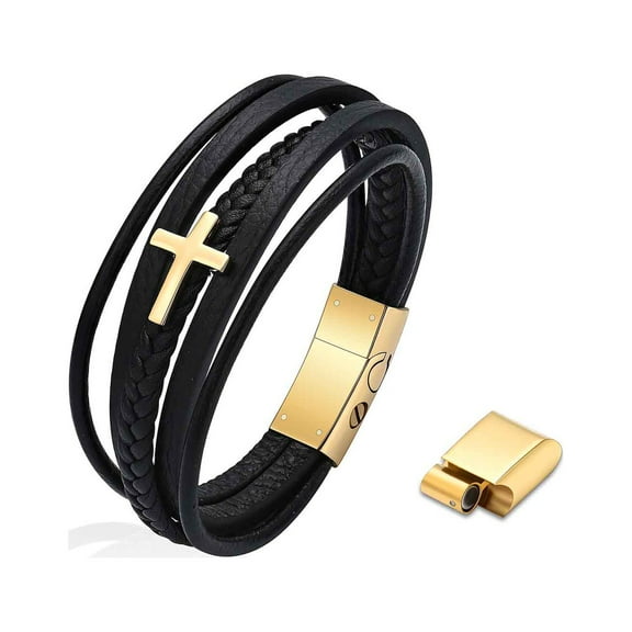 Women Men Cross Multi-Layer Leather Bangle Cremation Jewelry for Ashes Funeral Urn Bracelet for Ashes Holder with 1.5cm Extension Clasp
