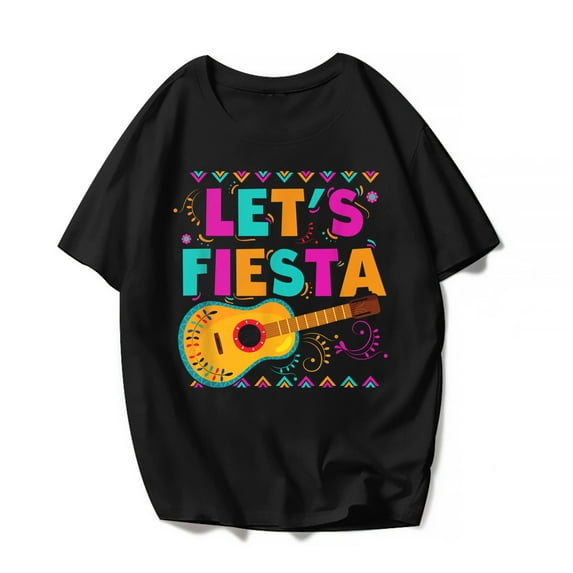 Women Men Cute Cinco De Mayo Let's Fiesta Guitar T-Shirt Mexica Festival Graphics Casual Short Sleeve Shirts Summer Tops Gift Tee Black 4X-Large