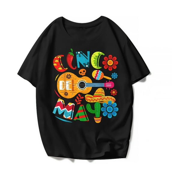 Women Men Cute Cinco De Mayo T-Shirt Guitar Mexican Festival Graphics Casual Short Sleeve Shirts Summer Tops Gift Tee Black Small
