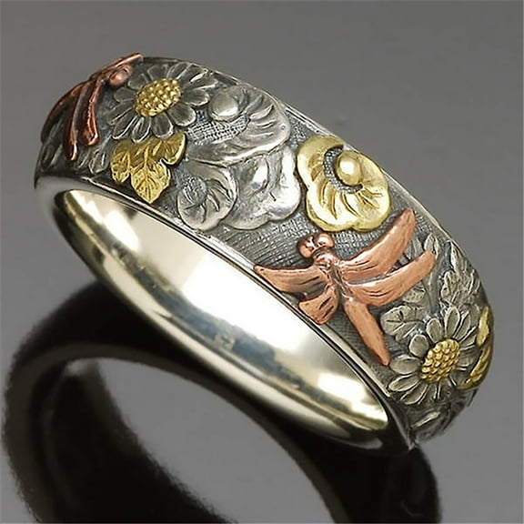 Women Men Elegant Sunflower Pattern Dragonfly Design Finger Ring Band Jewelry