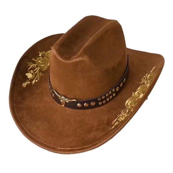 Women Men Embroidery Black Cowgirl Hat Wide Brim Cattle Head Belted Wool Hat Felt Jazz Cap for Party