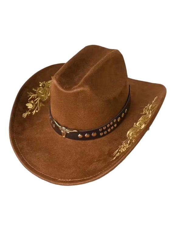 Women Men Embroidery Black Cowgirl Hat Wide Brim Cattle Head Belted Wool Hat Felt Jazz Cap for Party