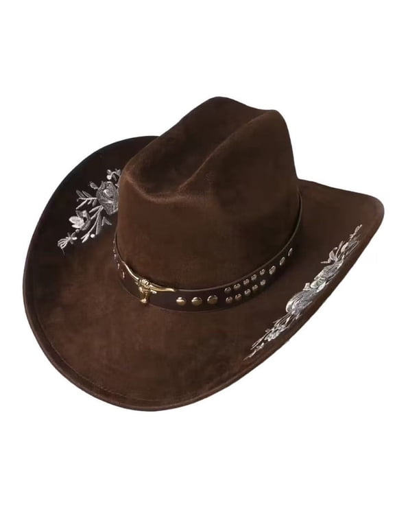 Women Men Embroidery Black Cowgirl Hat Wide Brim Cattle Head Belted Wool Hat Felt Jazz Cap for Party