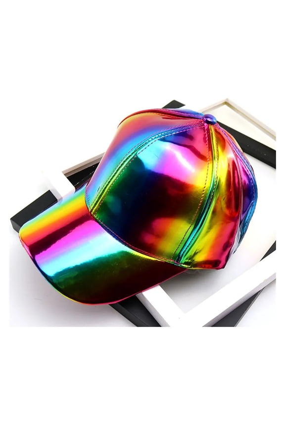 Women Men Faux Leather Baseball Cap Glitter Metallic Holographic Rainbow Reflective Hip Hop Adjustable Strapback Peaked Hat ,Unisex