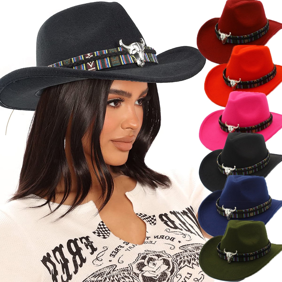 Women & Men Felt Western Cowboy Hat Classic Roll Up Brim Belt Buckle