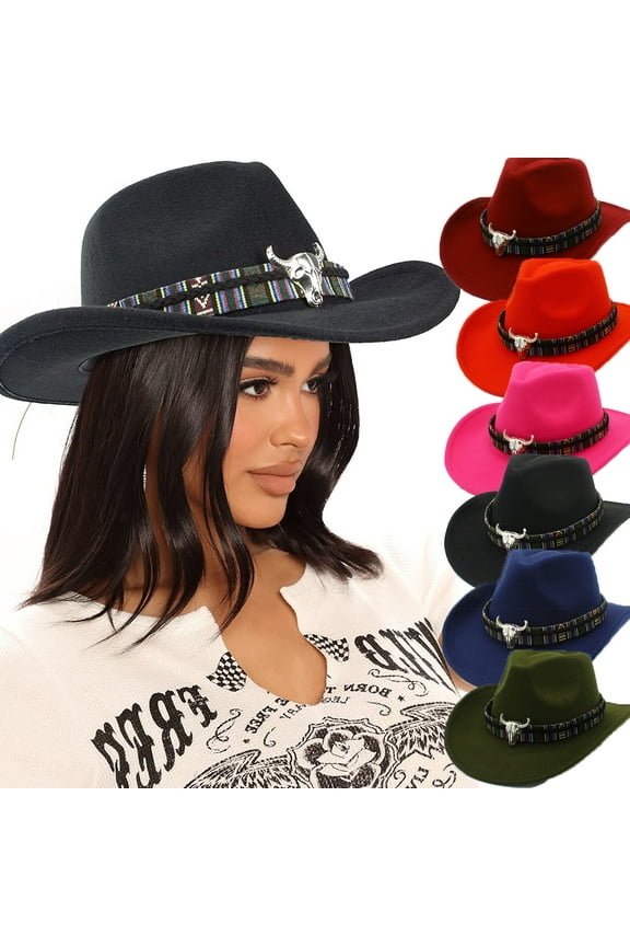 Women & Men Felt Western Cowboy Hat Classic Roll Up Brim Belt Buckle Cowgirl Fedora Hat