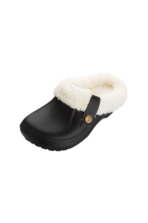 Women Men Fur Lined Winter Warm Fuzzy House Slippers Non Slip Garden Shoes Indoor Outdoor Mules Black 42