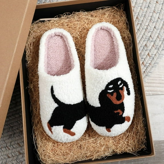 Women Men Fuzzy Slippers Cute Dachshund Pattern Soft Comfy Bedroom Slippers Non Slip Warm House Shoes for Indoor Outdoor