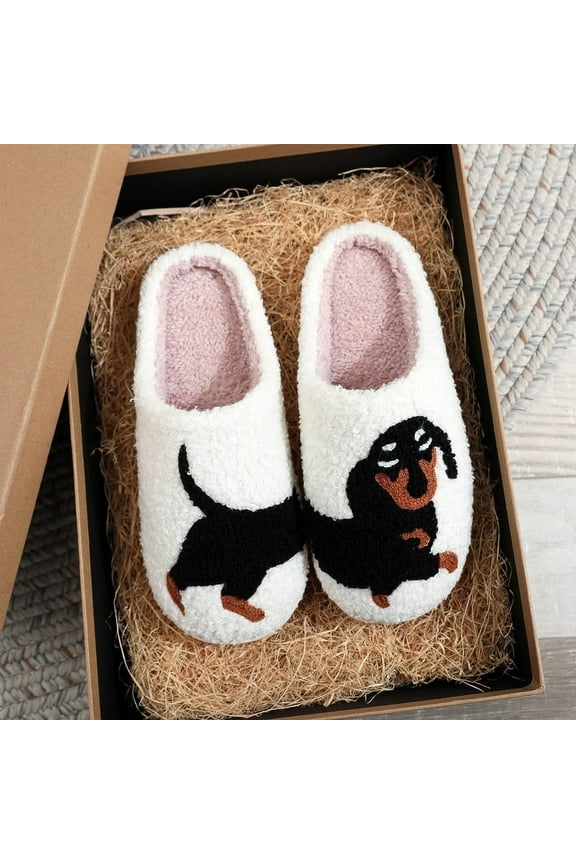 Women Men Fuzzy Slippers Cute Dachshund Pattern Soft Comfy Bedroom Slippers Non Slip Warm House Shoes for Indoor Outdoor
