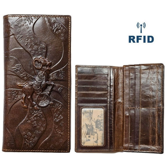 Women Men Genuine Leather Bifold Long Wallet, Zipped Hiding Coin purse, Credit card Holder. Retro Vintage Embossed Genuine Real Leather. RFID Blocking