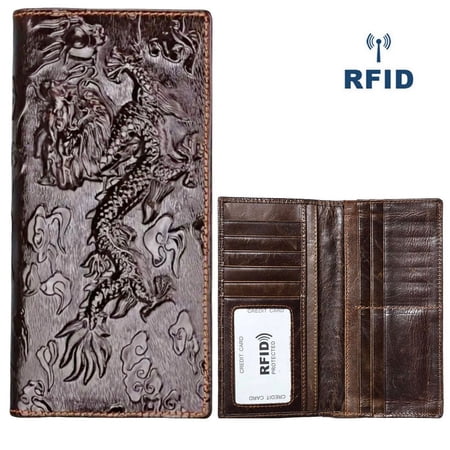 Women Men Genuine Leather Bifold Long Wallet, Zipped Hiding Coin purse, Credit card Holder. Retro Vintage Embossed Genuine Real Leather. RFID Blocking