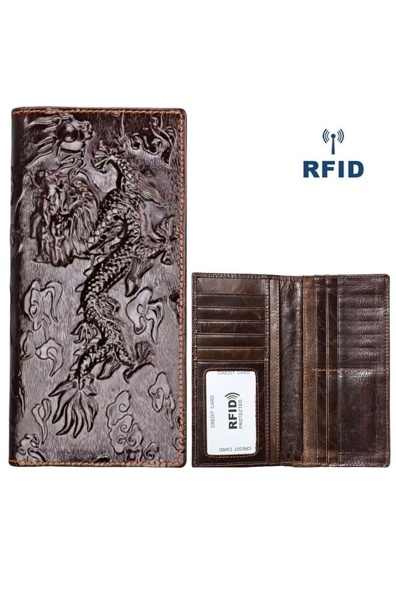 Women Men Genuine Leather Bifold Long Wallet, Zipped Hiding Coin purse, Credit card Holder. Retro Vintage Embossed Genuine Real Leather. RFID Blocking