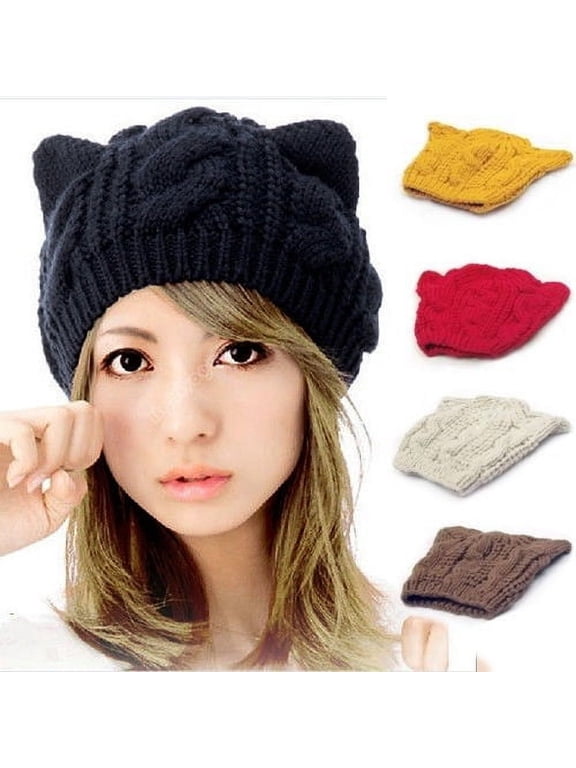 Women Men Girls Boys Teens Cute Cat Ear Knit Cable Rib Hat Cap Beanie