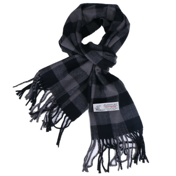 Women Men Gray/Black Buffalo Check Plaid Scarves Classic Warm Soft Scarf with Fringes