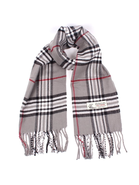 Women Men Gray Plaid Scarves Classic Warm Soft with Fringes for Winter