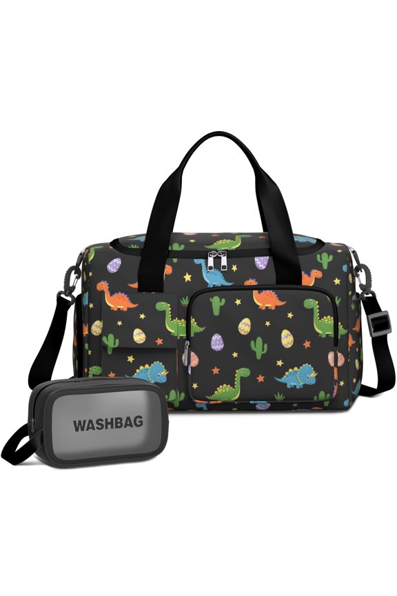 Women Men Gym Bag,Black Dinosaurs Eggs Cacti Pattern Small Duffle Bag Spend the Night Bags for Women with Shoes Compartment Washbag,Detachable Shoulder Strap,19.7x8.3x11 Inches