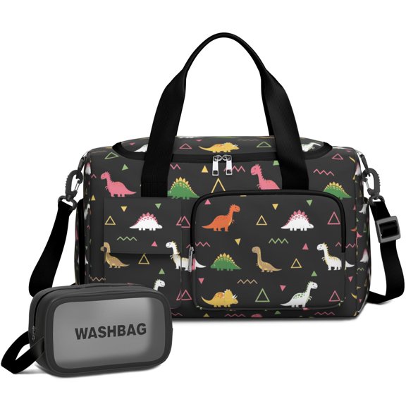 Women Men Gym Bag,Black Dinosaurs Geometric Pattern Small Duffle Bag Spend the Night Bags for Women with Shoes Compartment Washbag,Detachable Shoulder Strap,19.7x8.3x11 Inches