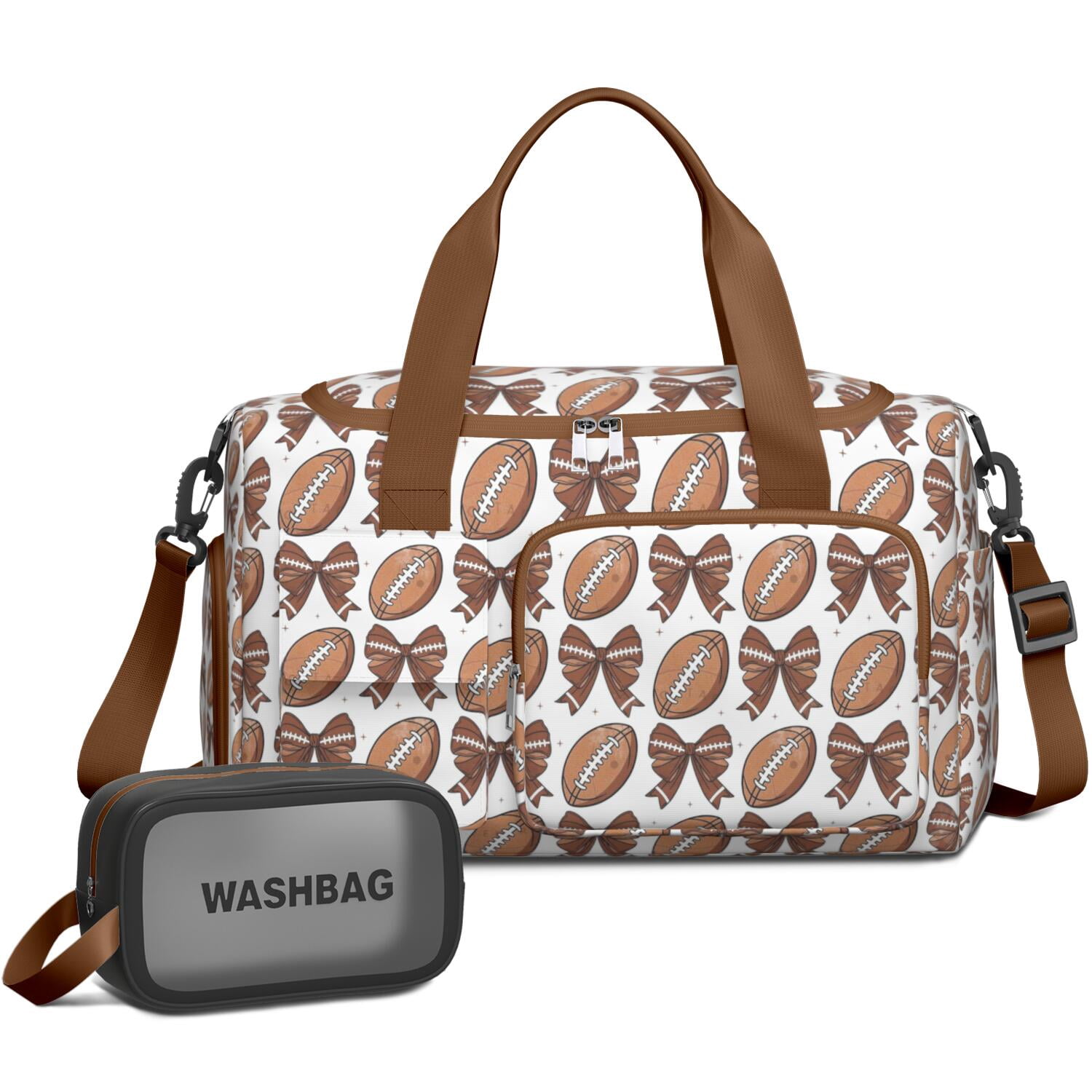 Women Men Gym Bag,Brown Footballs and Bows Pattern Small Duffle Bag Spend the Night Bags for Women with Shoes Compartment Washbag,Detachable Shoulder Strap,19.7x8.3x11 Inches