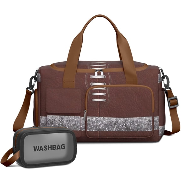 Women Men Gym Bag,Brown Silver Football Pattern Small Duffle Bag Spend the Night Bags for Women with Shoes Compartment Washbag,Detachable Shoulder Strap,19.7x8.3x11 Inches