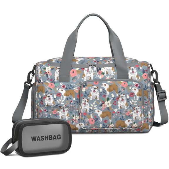 Women Men Gym Bag,Bulldog Dog and Flower Florals Small Duffle Bag Spend the Night Bags for Women with Shoes Compartment Washbag,Detachable Shoulder Strap,19.7x8.3x11 Inches