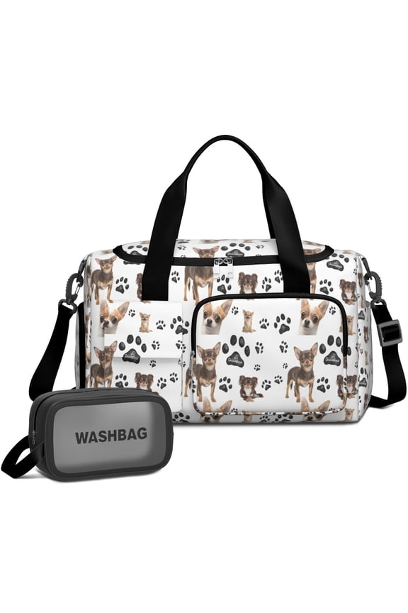Women Men Gym Bag,Chihuahua and Footprints Small Duffle Bag Spend the Night Bags for Women with Shoes Compartment Washbag,Detachable Shoulder Strap,19.7x8.3x11 Inches