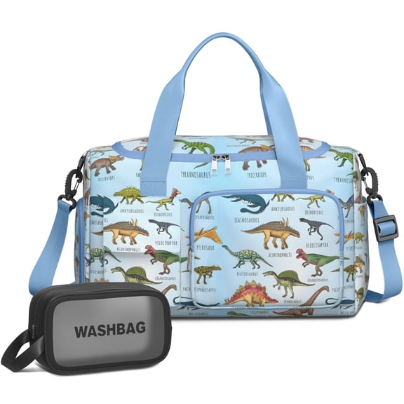 Women Men Gym Bag,Colorful Dinosaurs Names Labels Pattern Small Duffle Bag Spend the Night Bags for Women with Shoes Compartment Washbag,Detachable Shoulder Strap,19.7x8.3x11 Inches