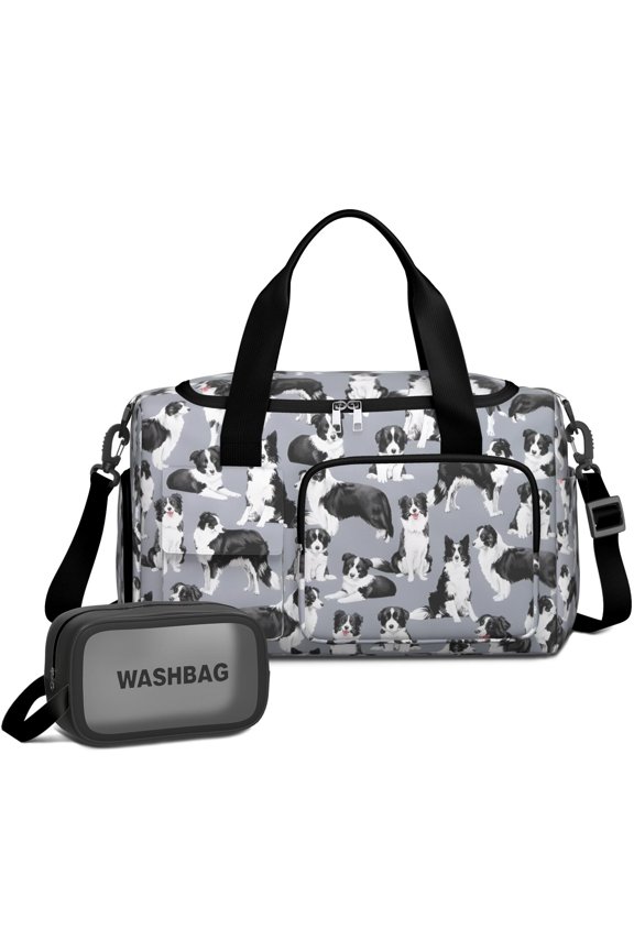 Women Men Gym Bag,Cute Border Collie Pattern Small Duffle Bag Spend the Night Bags for Women with Shoes Compartment Washbag,Detachable Shoulder Strap,19.7x8.3x11 Inches