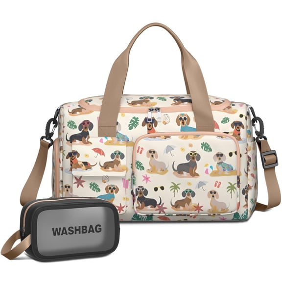 Women Men Gym Bag,Dachshunds on the Beach Small Duffle Bag Spend the Night Bags for Women with Shoes Compartment Washbag,Detachable Shoulder Strap,19.7x8.3x11 Inches